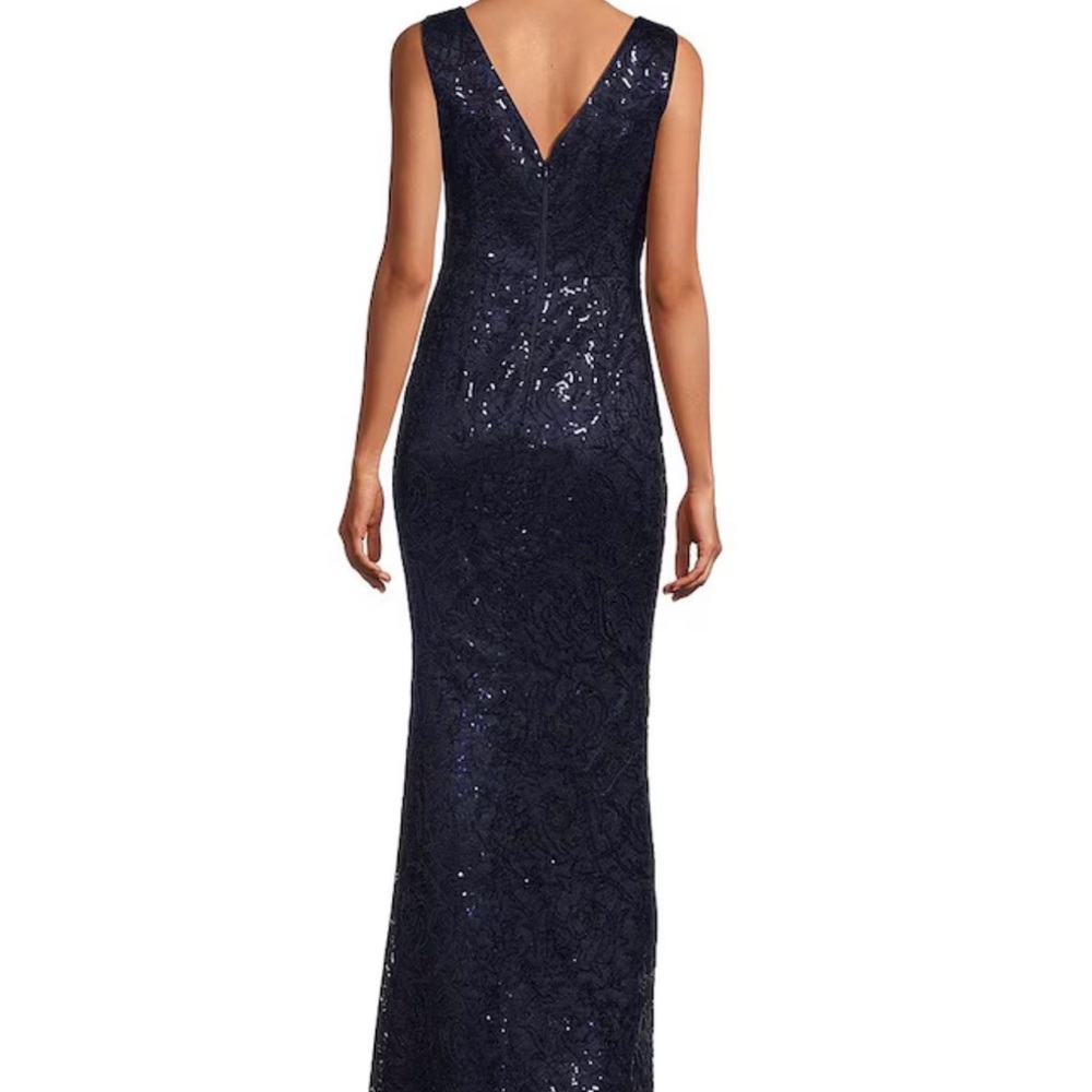 Eliza J. Sequins lace boatneck sleeveless ruffle front slit gown - Picture 3 of 12